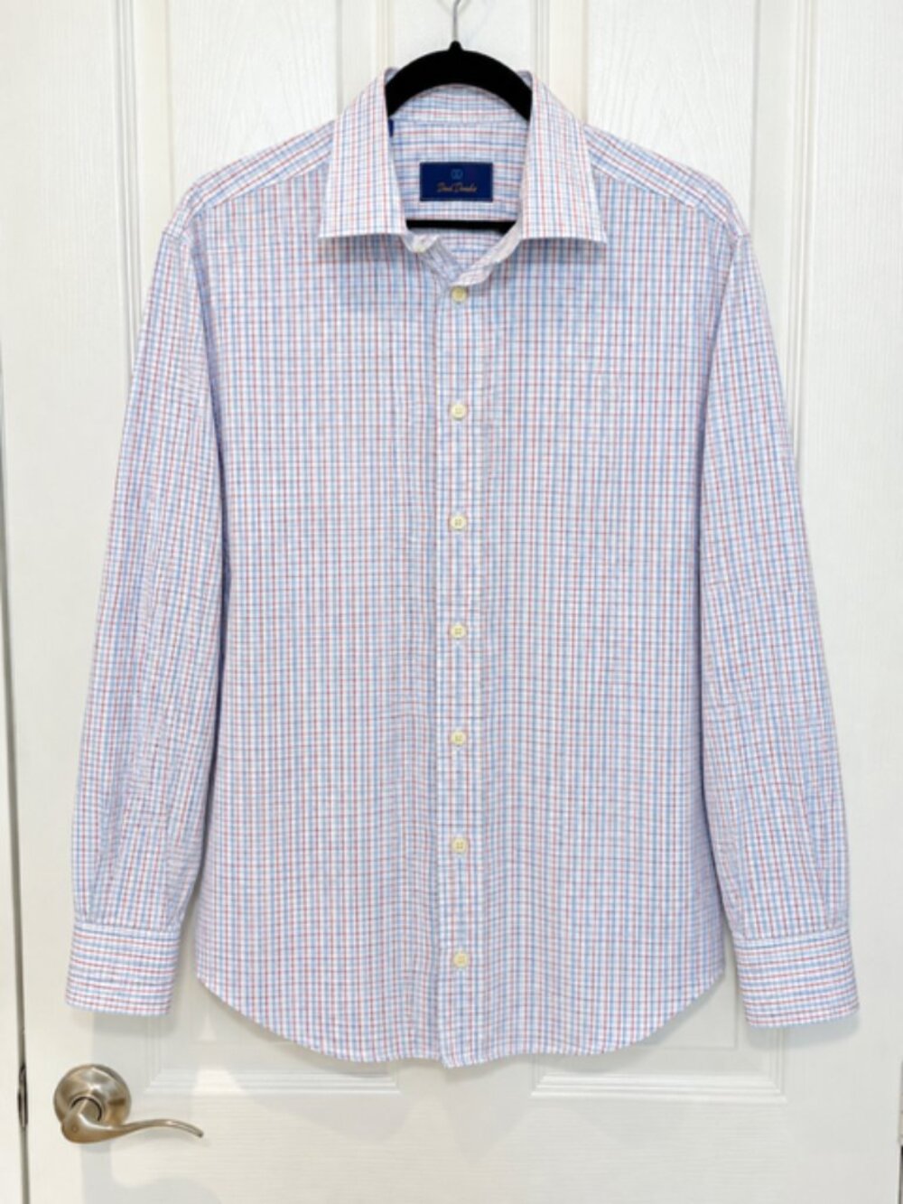 David Donahue Men’s 17 34/35 XL Check Dress Shirt Blue Red Preppy Business